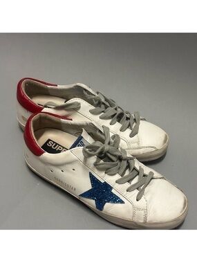Golden Goose Style White Leather Sneakers with Blue Glitter Star & Red Heel